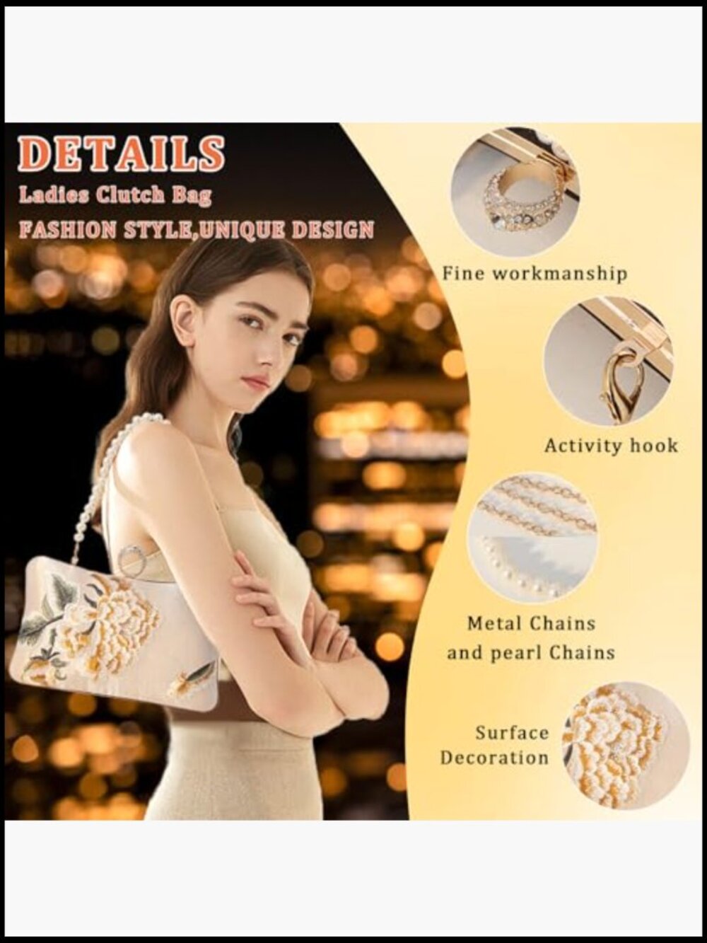 Floral Evening Bag with Pearl Chain Clutch Purse Elegant Banquet Handbag Bride - Picture 2 of 7